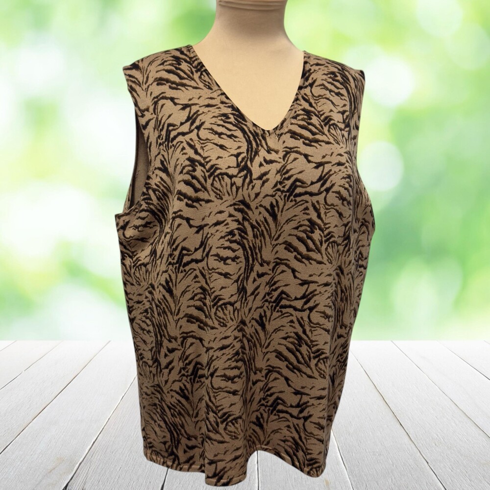 Vintage DUE PER DUE 100% Silk Sweater Knit Shell Tiger Print Tan Black Size XL